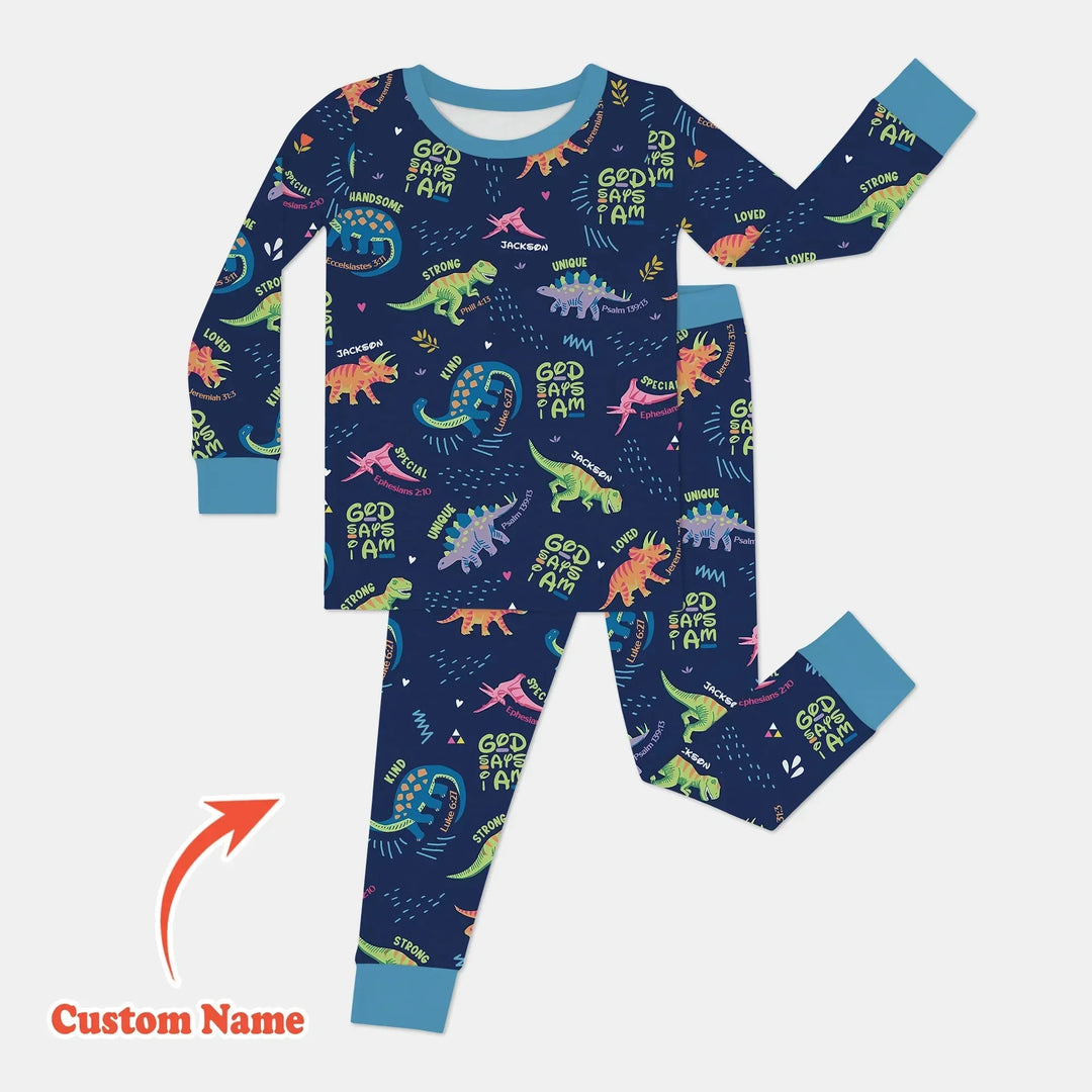 Custom Name God says I am Dinosaur Two Piece Long Sleeve Pajama Set , Custom Name God says I am Dinosaur Two Piece Long Sleeve Pajama Set - 12-18M