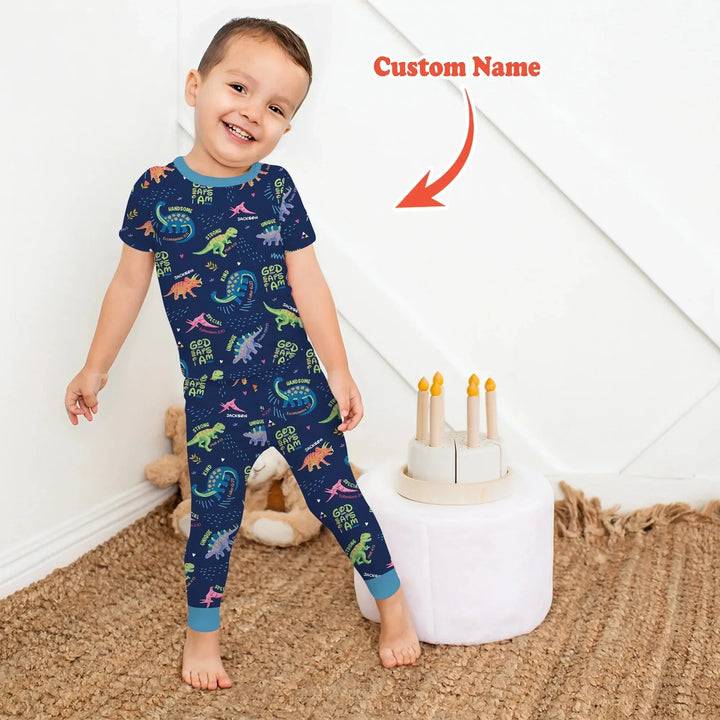 Custom Name God says I am Dinosaur Two Piece Short Sleeve Pajama Set , Custom Name God says I am Dinosaur Two Piece Short Sleeve Pajama Set - 12-18M