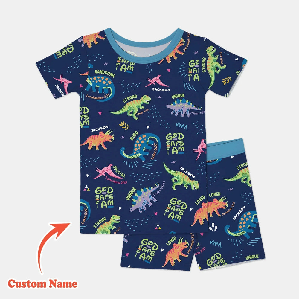 Custom Name God says I am Dinosaur Two Piece Short Sleeve Shorts Pajama Set , Custom Name God says I am Dinosaur Two Piece Short Sleeve Shorts Pajama Set - 12-18M