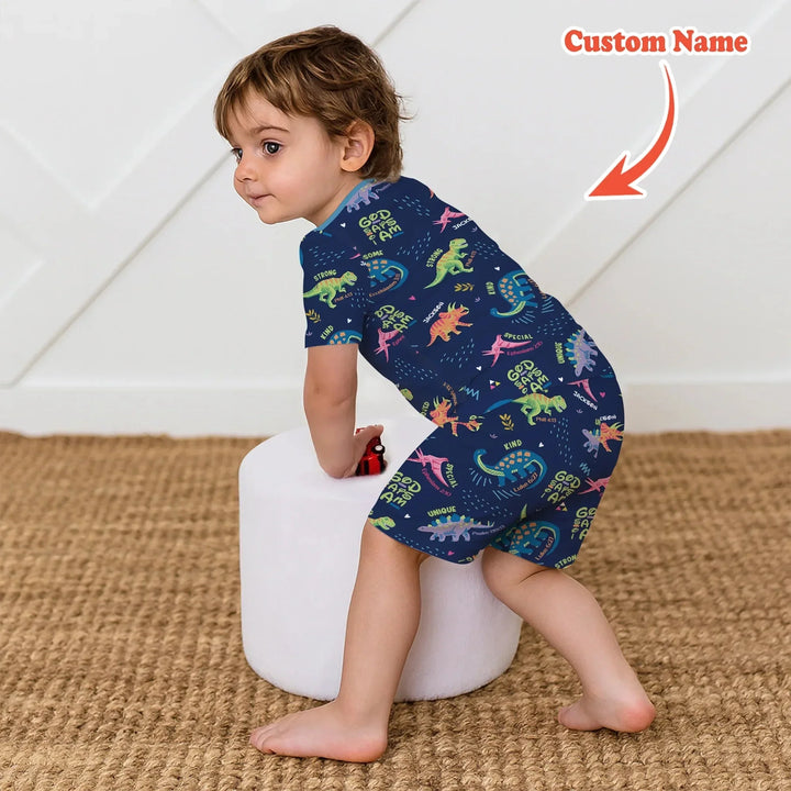Custom Name God says I am Dinosaur Two Piece Short Sleeve Shorts Pajama Set , Custom Name God says I am Dinosaur Two Piece Short Sleeve Shorts Pajama Set - 12-18M