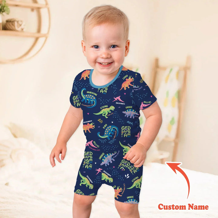 Custom Name God says I am Dinosaur Two Piece Short Sleeve Shorts Pajama Set , Custom Name God says I am Dinosaur Two Piece Short Sleeve Shorts Pajama Set - 12-18M