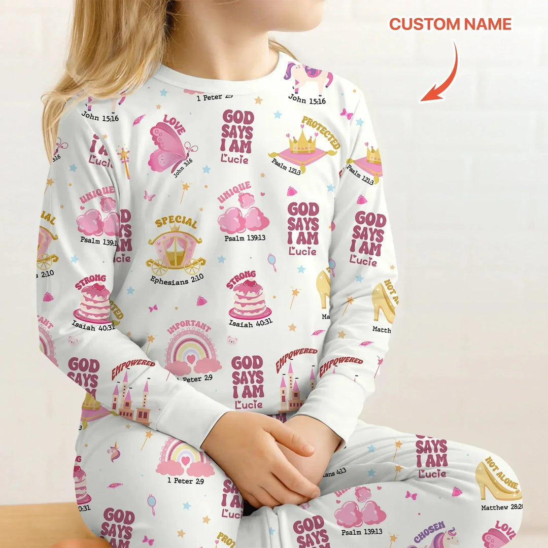 Custom Name God Says I Am Girl Long Sleeve Pajama Set , Custom Name God Says I Am Girl Long Sleeve Pajama Set - 12-18M