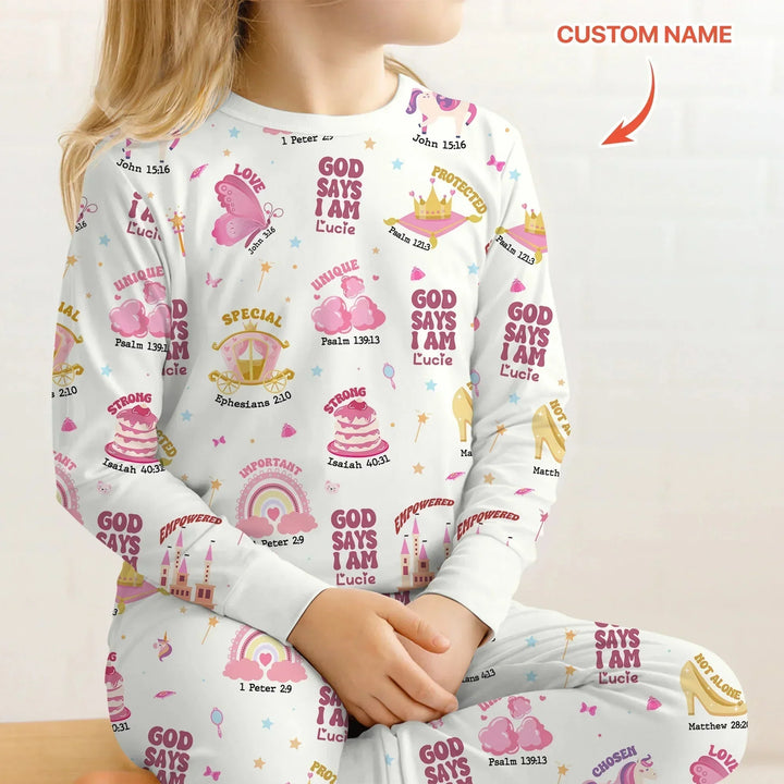 Custom Name God Says I Am Girl Long Sleeve Pajama Set , Custom Name God Says I Am Girl Long Sleeve Pajama Set - 12-18M
