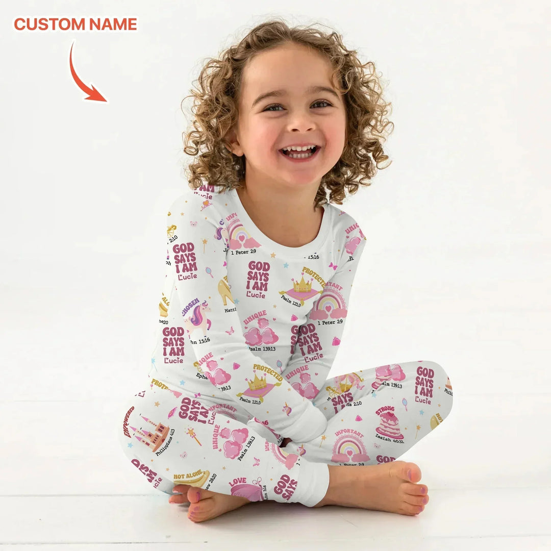 Custom Name God Says I Am Girl Long Sleeve Pajama Set , Custom Name God Says I Am Girl Long Sleeve Pajama Set - 12-18M