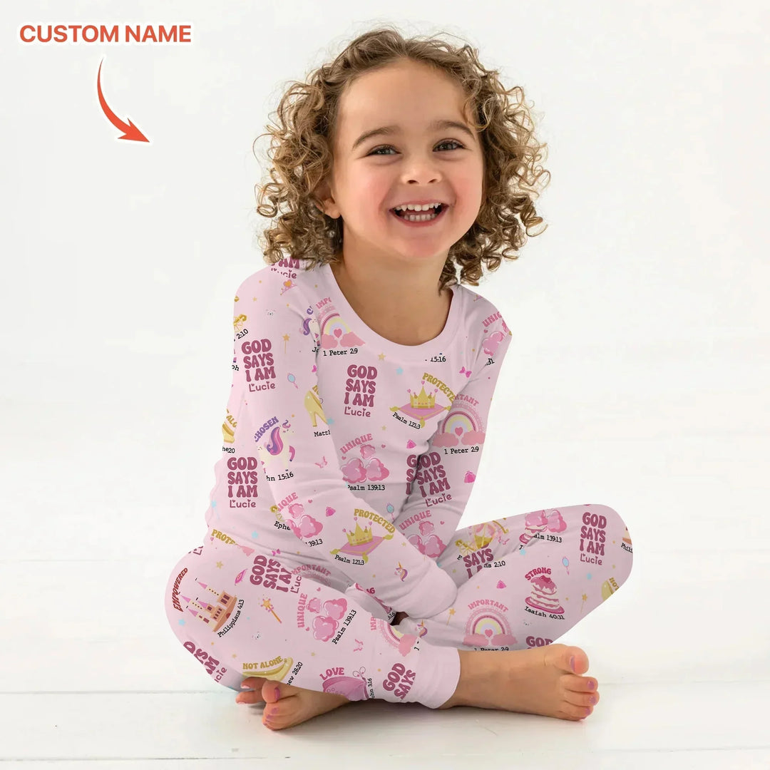 Custom Name God Says I Am Girl Long Sleeve Pajama Set , Custom Name God Says I Am Girl Long Sleeve Pajama Set - 12-18M