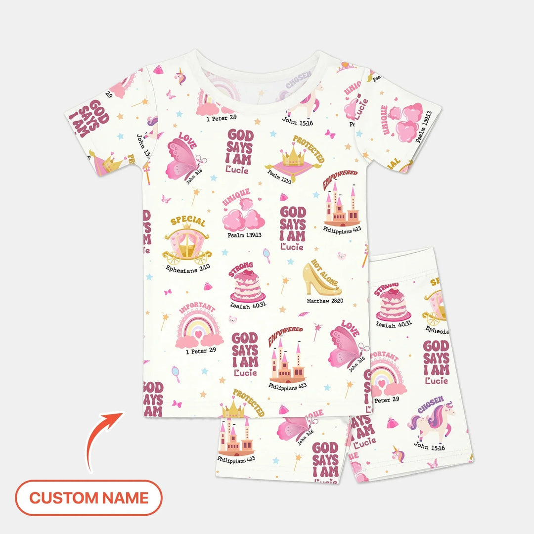 Custom Name God Says I Am Girl Short Sleeve Shorts Pajama Set , Custom Name God Says I Am Girl Short Sleeve Shorts Pajama Set - 12-18M