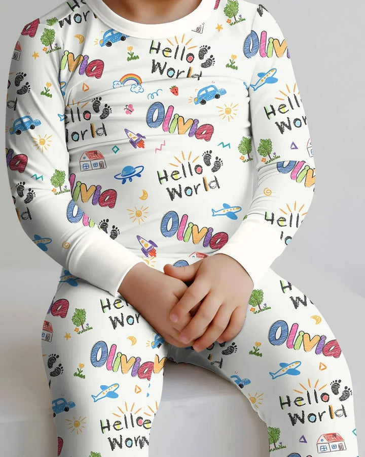 Custom name "Hello World" - Crayon Style Long Sleeve Pajama Set , Custom name "Hello World" - Crayon Style Long Sleeve Pajama Set - 12-18M