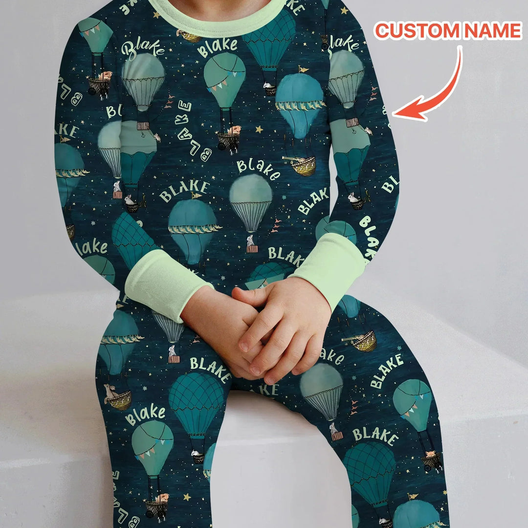 Custom Name Hot Air Balloon Green Two Piece Long Sleeve Pajama Set , Custom Name Hot Air Balloon Green Two Piece Long Sleeve Pajama Set - 12-18M