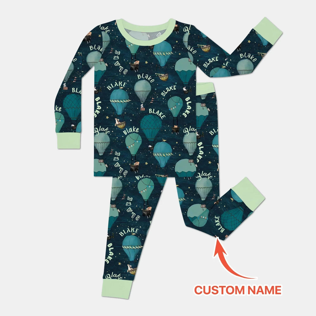 Custom Name Hot Air Balloon Green Two Piece Long Sleeve Pajama Set , Custom Name Hot Air Balloon Green Two Piece Long Sleeve Pajama Set - 12-18M