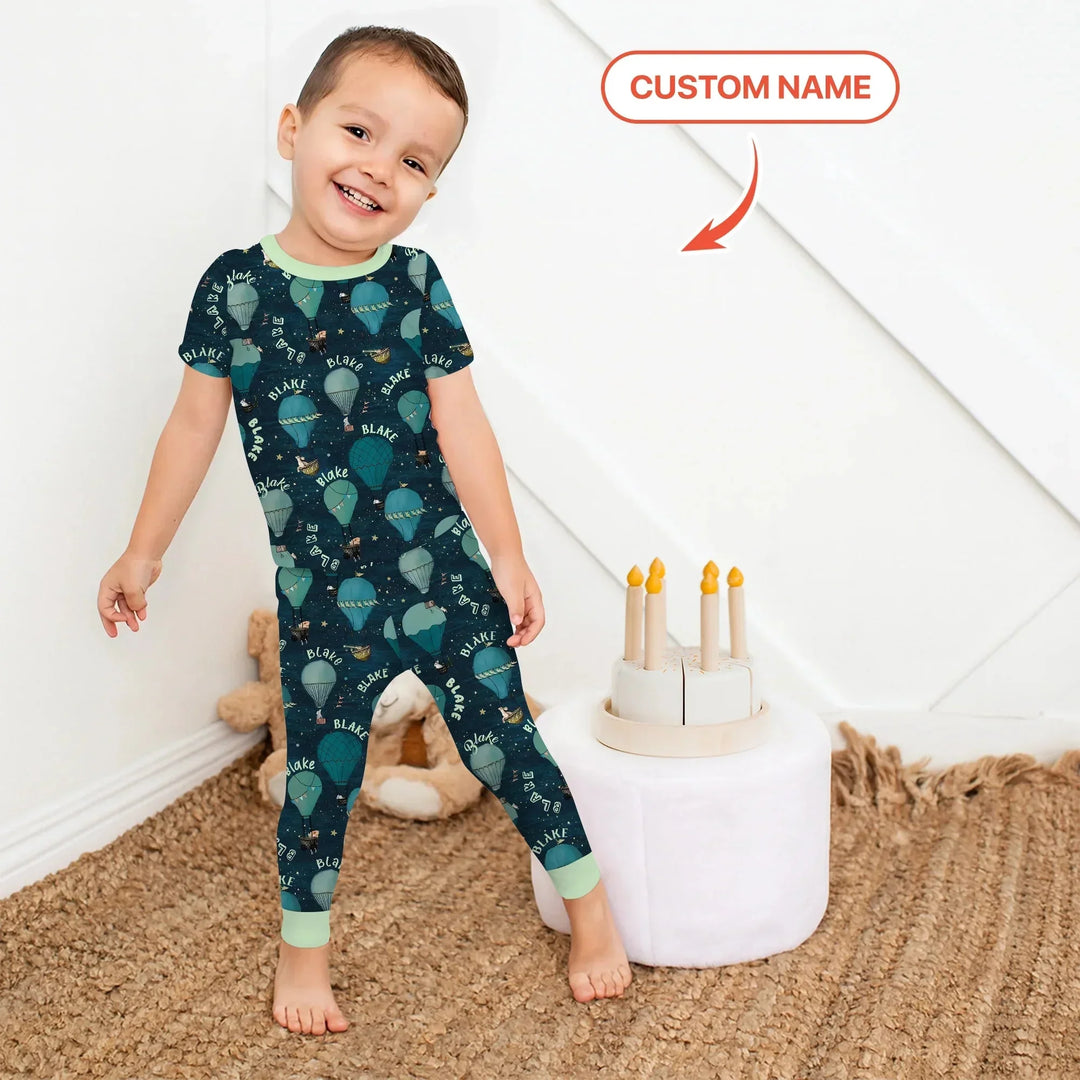 Custom Name Hot Air Balloon Green Two Piece Short Sleeve Pajama Set , Custom Name Hot Air Balloon Green Two Piece Short Sleeve Pajama Set - 12-18M