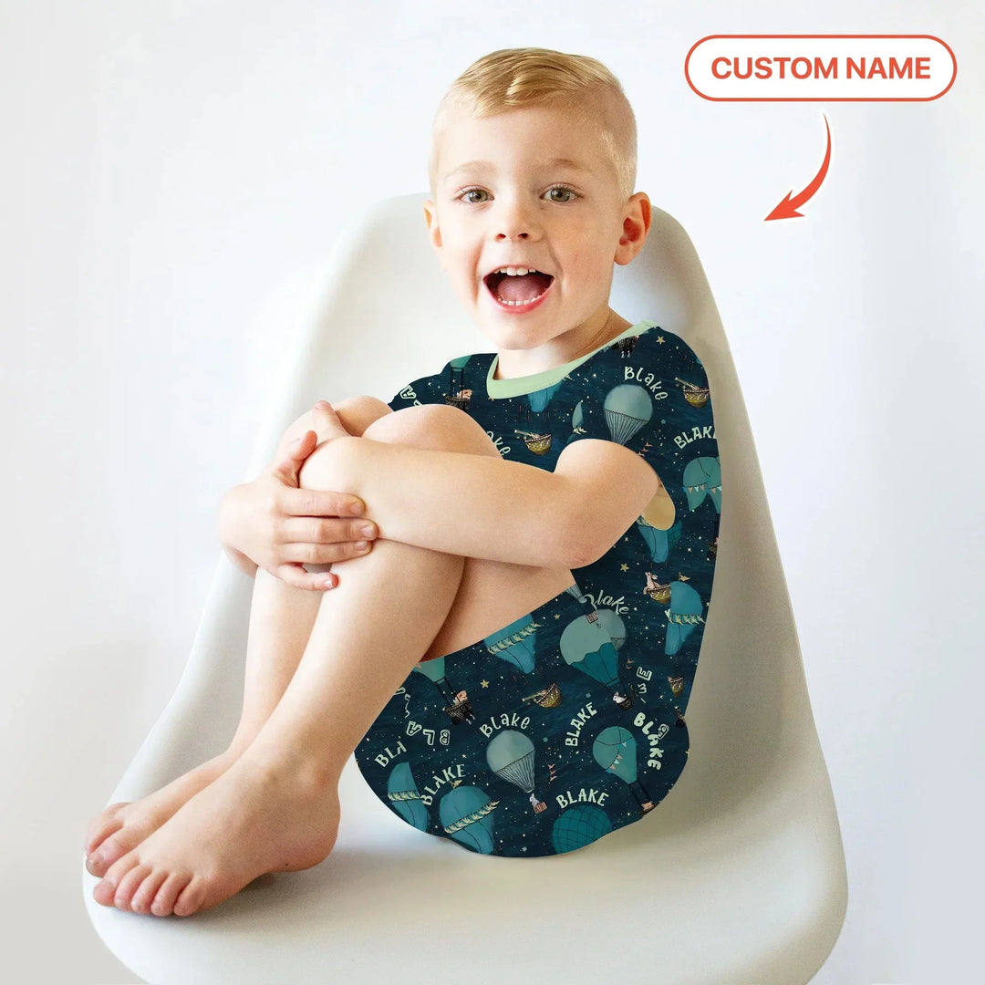 Custom Name Hot Air Balloon Green Two Piece Short Sleeve Shorts Pajama Set , Custom Name Hot Air Balloon Green Two Piece Short Sleeve Shorts Pajama Set - 12-18M