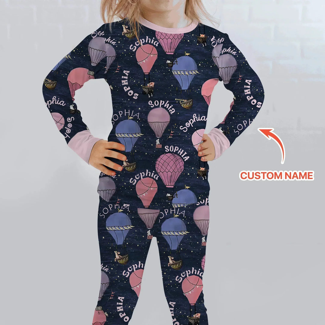 Custom Name Hot Air Balloon Pink Two Piece Long Sleeve Pajama Set , Custom Name Hot Air Balloon Pink Two Piece Long Sleeve Pajama Set - 12-18M