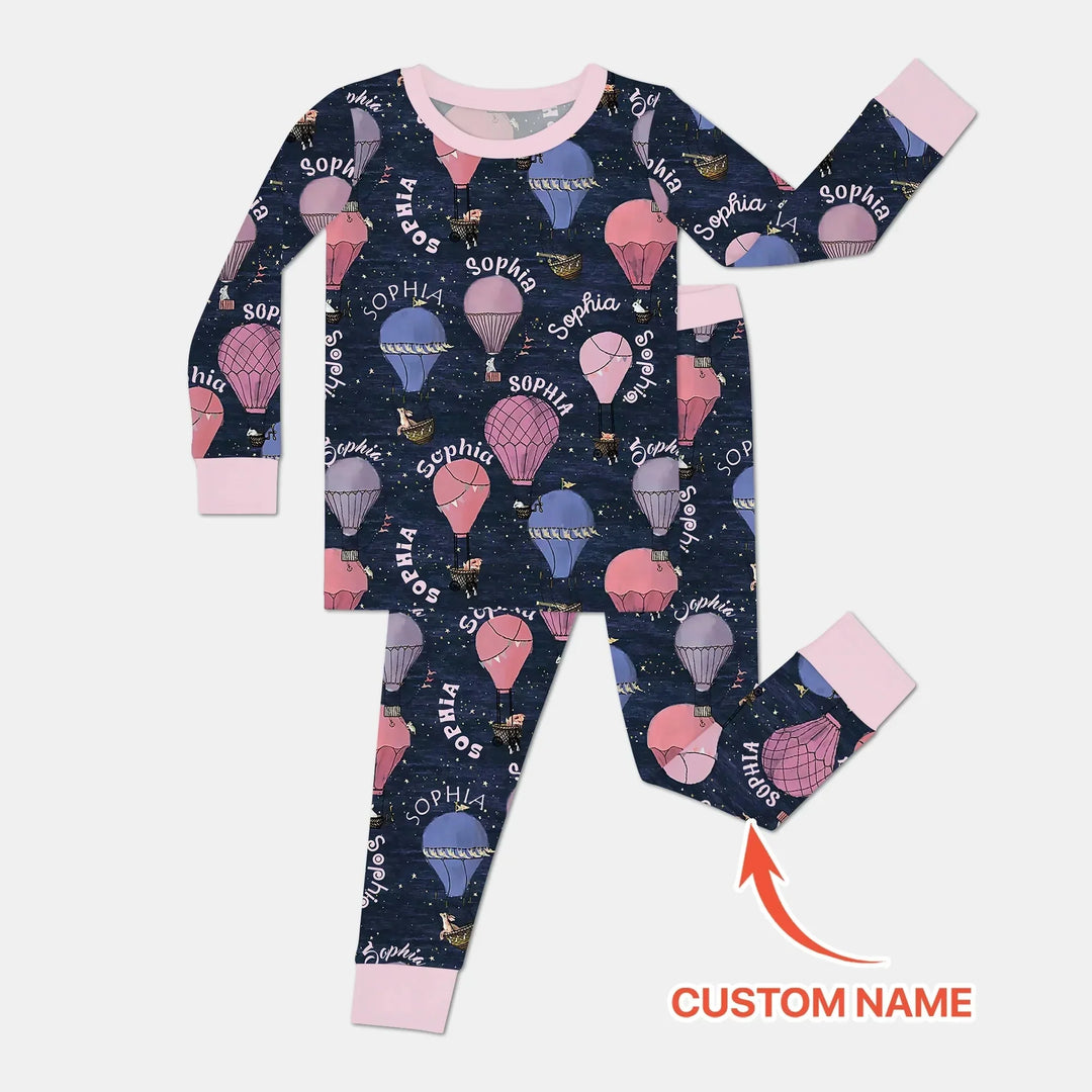 Custom Name Hot Air Balloon Pink Two Piece Long Sleeve Pajama Set , Custom Name Hot Air Balloon Pink Two Piece Long Sleeve Pajama Set - 12-18M