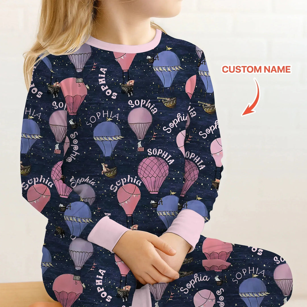 Custom Name Hot Air Balloon Pink Two Piece Long Sleeve Pajama Set , Custom Name Hot Air Balloon Pink Two Piece Long Sleeve Pajama Set - 12-18M