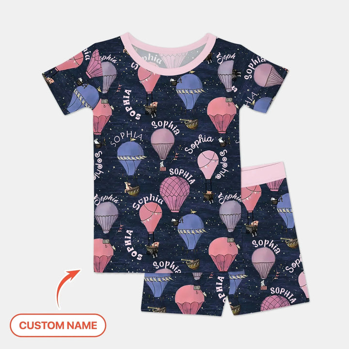 Custom Name Hot Air Balloon Pink Two Piece Short Sleeve Shorts Pajama Set , Custom Name Hot Air Balloon Pink Two Piece Short Sleeve Shorts Pajama Set - 12-18M