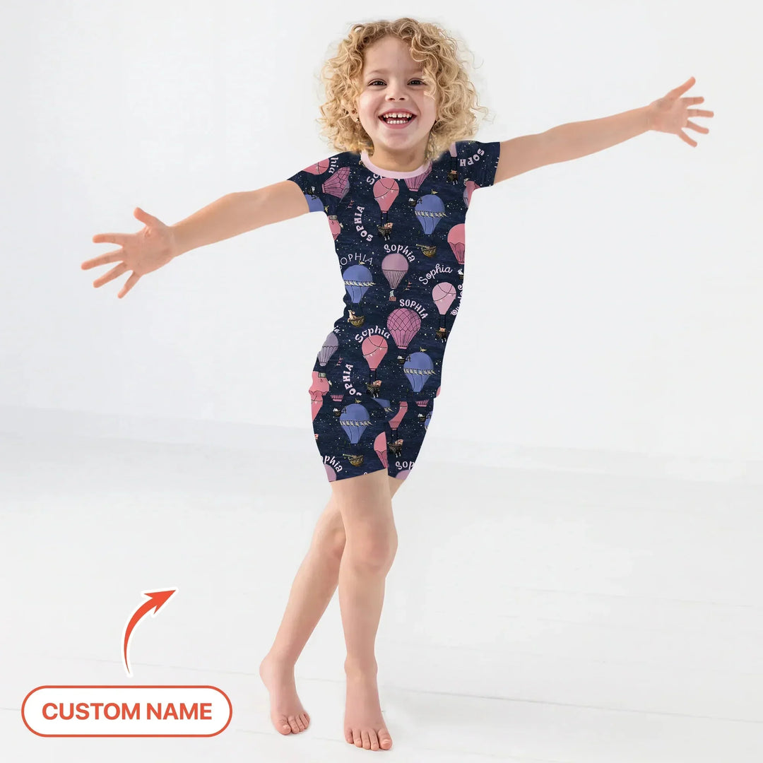 Custom Name Hot Air Balloon Pink Two Piece Short Sleeve Shorts Pajama Set , Custom Name Hot Air Balloon Pink Two Piece Short Sleeve Shorts Pajama Set - 12-18M