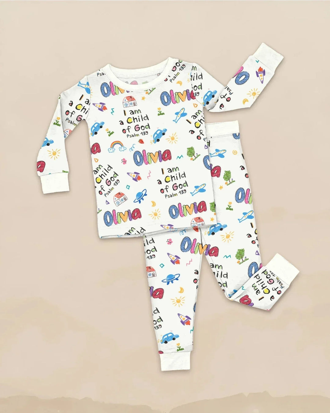 Custom name "I am a Child of God" - Crayon Style Long Sleeve Pajama Set , Custom name "I am a Child of God" - Crayon Style Long Sleeve Pajama Set - 12-18M