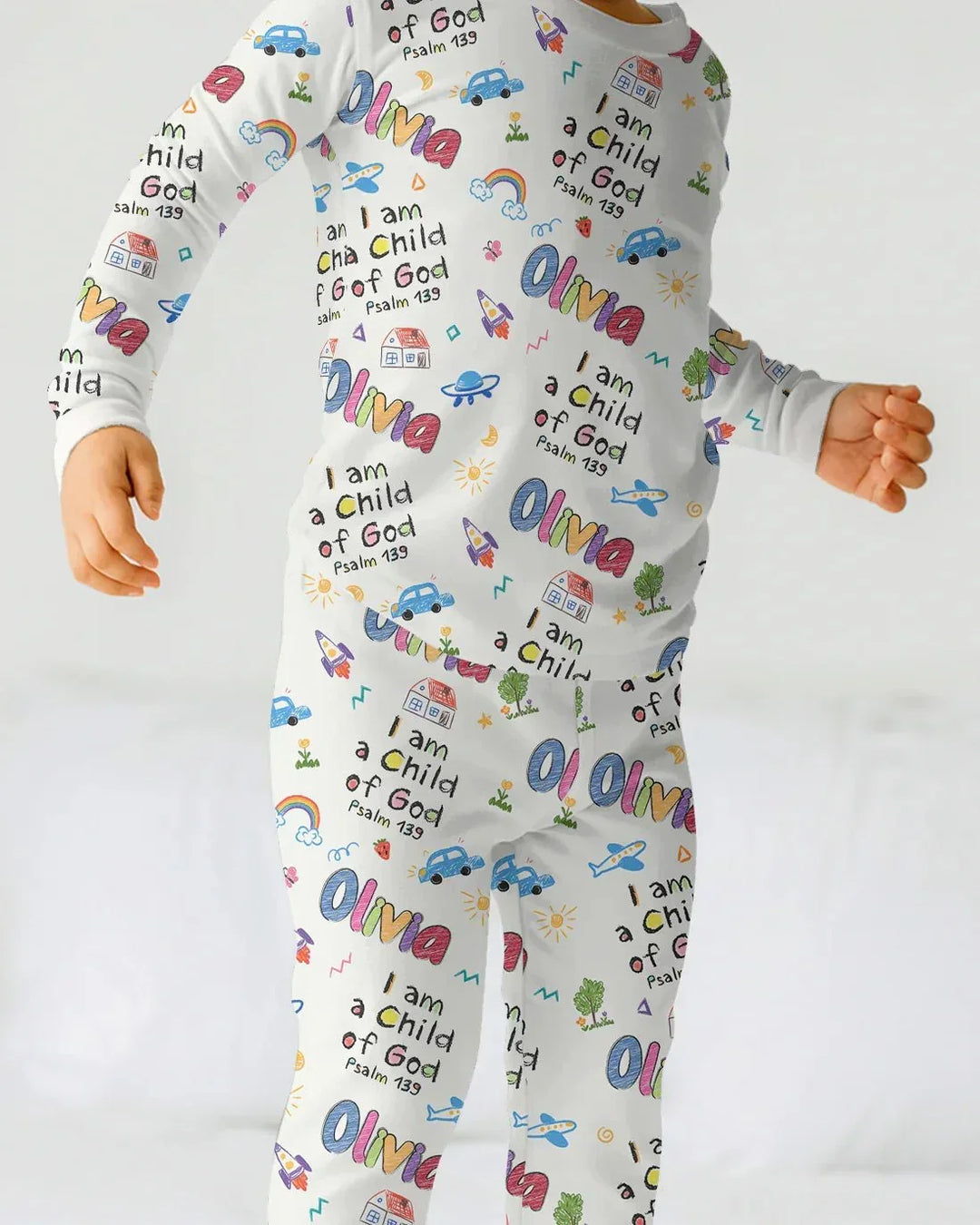 Custom name "I am a Child of God" - Crayon Style Long Sleeve Pajama Set , Custom name "I am a Child of God" - Crayon Style Long Sleeve Pajama Set - 12-18M
