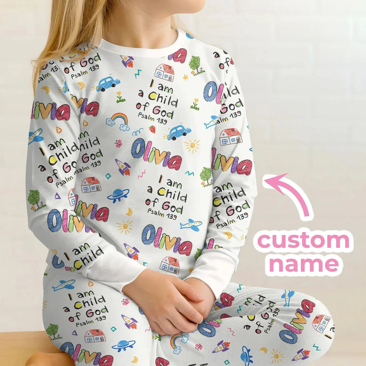 Custom name "I am a Child of God" - Crayon Style Long Sleeve Pajama Set , Custom name "I am a Child of God" - Crayon Style Long Sleeve Pajama Set - 12-18M