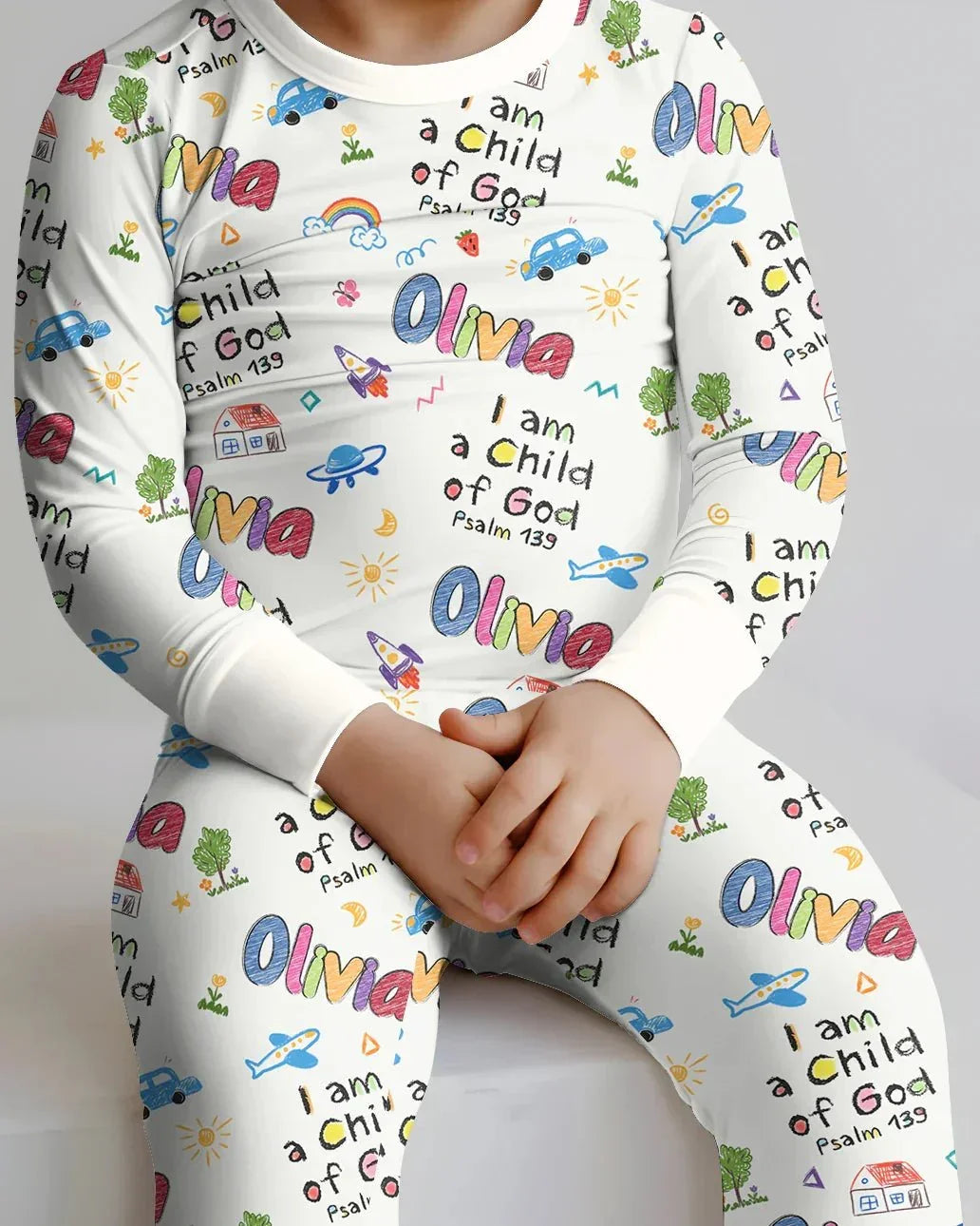 Custom name "I am a Child of God" - Crayon Style Long Sleeve Pajama Set , Custom name "I am a Child of God" - Crayon Style Long Sleeve Pajama Set - 12-18M