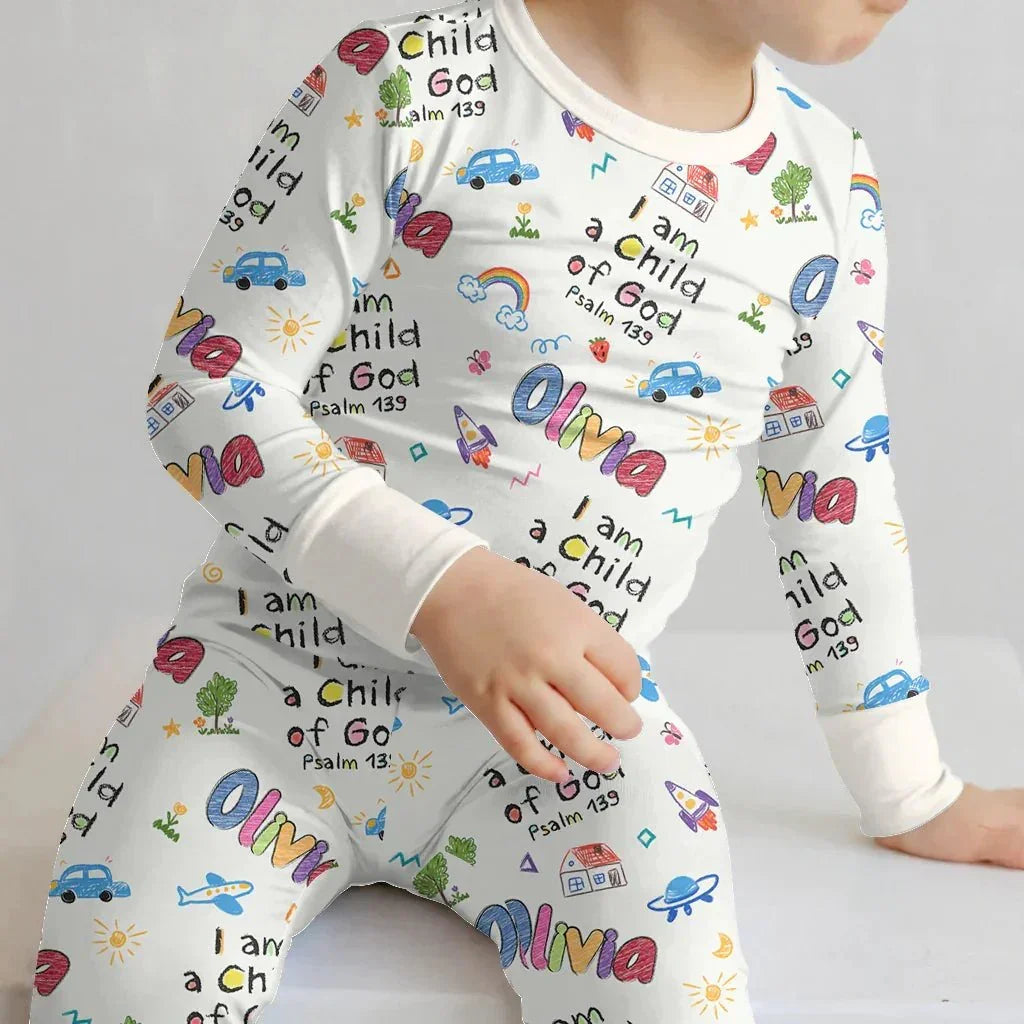 Custom name "I am a Child of God" - Crayon Style Long Sleeve Pajama Set , Custom name "I am a Child of God" - Crayon Style Long Sleeve Pajama Set - 12-18M