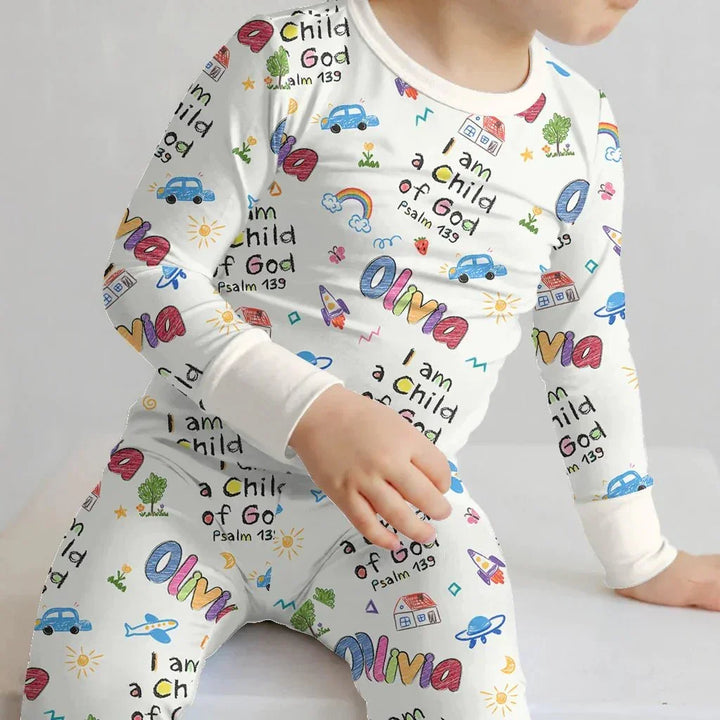 Custom name "I am a Child of God" - Crayon Style Long Sleeve Pajama Set , Custom name "I am a Child of God" - Crayon Style Long Sleeve Pajama Set - 12-18M