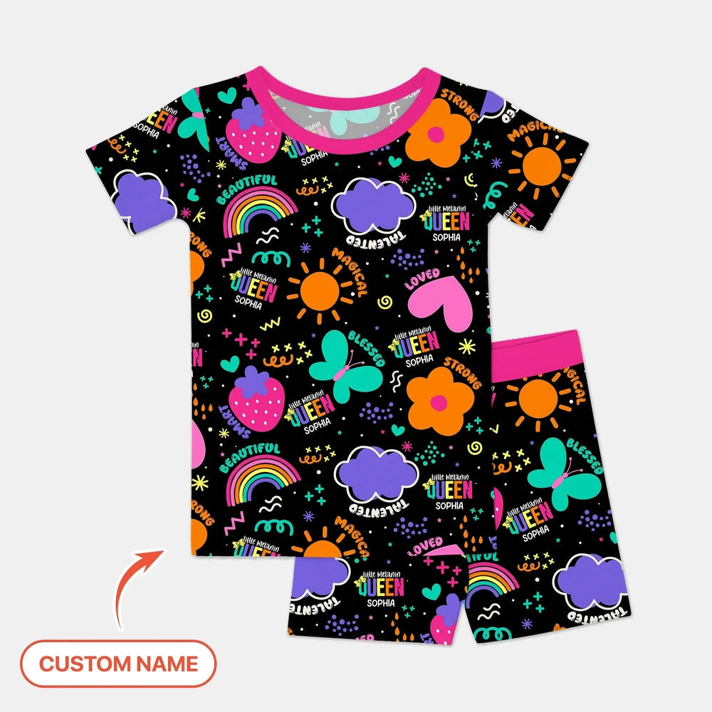 Custom Name Little Melanin Queen Two Piece Short Sleeve Shorts Pajama Set , Custom Name Little Melanin Queen Two Piece Short Sleeve Shorts Pajama Set - 12-18M