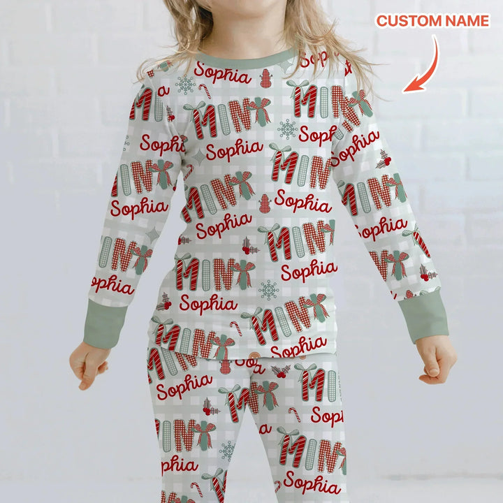 Custom Name Mama Mini Matching Christmas Two Piece Long Sleeve Pajama Set (Green) , Custom Name Mama Mini Matching Christmas Two Piece Long Sleeve Pajama Set (Green) - 12-18M