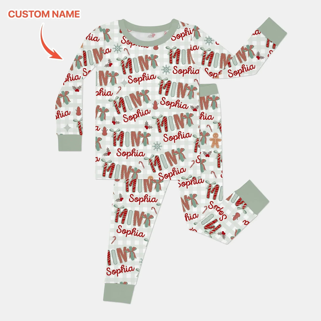 Custom Name Mama Mini Matching Christmas Two Piece Long Sleeve Pajama Set (Green) , Custom Name Mama Mini Matching Christmas Two Piece Long Sleeve Pajama Set (Green) - 12-18M
