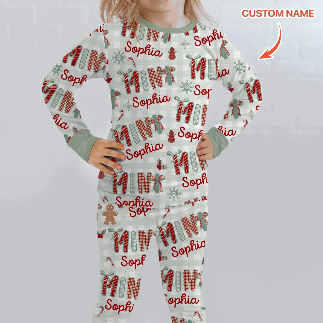 Custom Name Mama Mini Matching Christmas Two Piece Long Sleeve Pajama Set (Green) , Custom Name Mama Mini Matching Christmas Two Piece Long Sleeve Pajama Set (Green) - 12-18M
