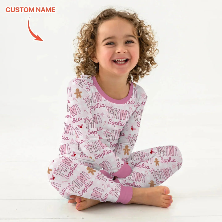 Custom Name Mama Mini Matching Christmas Two Piece Long Sleeve Pajama Set (Pink) , Custom Name Mama Mini Matching Christmas Two Piece Long Sleeve Pajama Set (Pink) - 12-18M