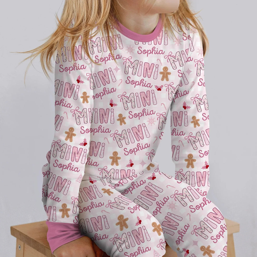 Custom Name Mama Mini Matching Christmas Two Piece Long Sleeve Pajama Set (Pink) , Custom Name Mama Mini Matching Christmas Two Piece Long Sleeve Pajama Set (Pink) - 12-18M