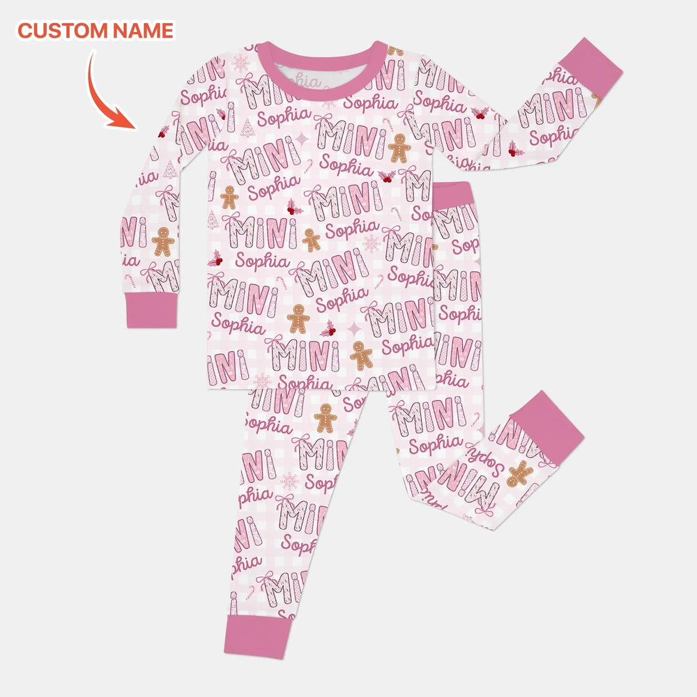 Custom Name Mama Mini Matching Christmas Two Piece Long Sleeve Pajama Set (Pink) , Custom Name Mama Mini Matching Christmas Two Piece Long Sleeve Pajama Set (Pink) - 12-18M