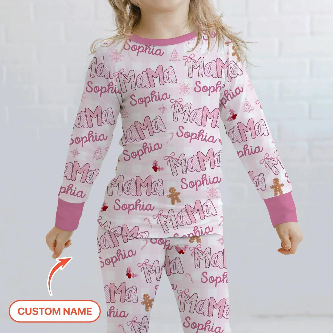 Custom Name Mama Mini Matching Christmas Two Piece Long Sleeve Pajama Set (Pink) , Custom Name Mama Mini Matching Christmas Two Piece Long Sleeve Pajama Set (Pink) - 12-18M