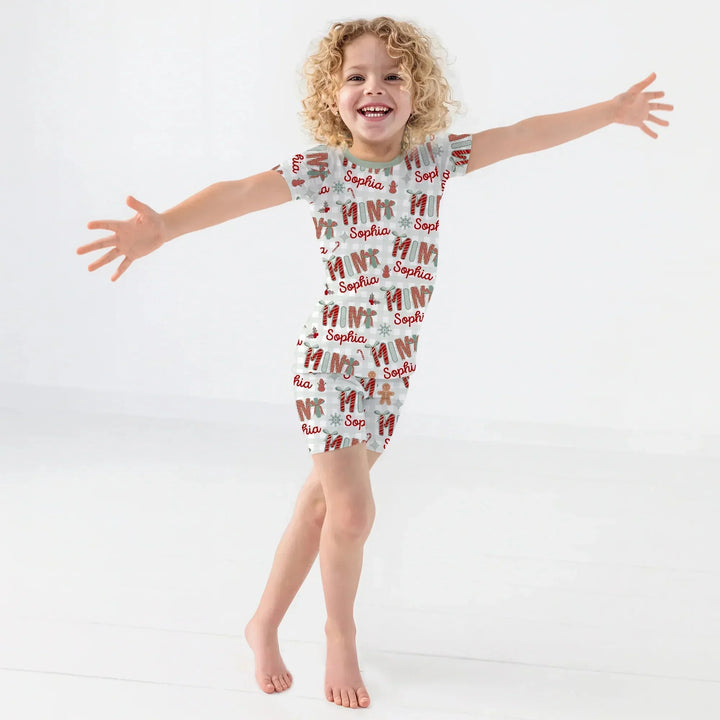 Custom Name Mama Mini Matching Christmas Two Piece Short Sleeve Shorts Pajama Set (Green) , Custom Name Mama Mini Matching Christmas Two Piece Short Sleeve Shorts Pajama Set (Green) - 12-18M