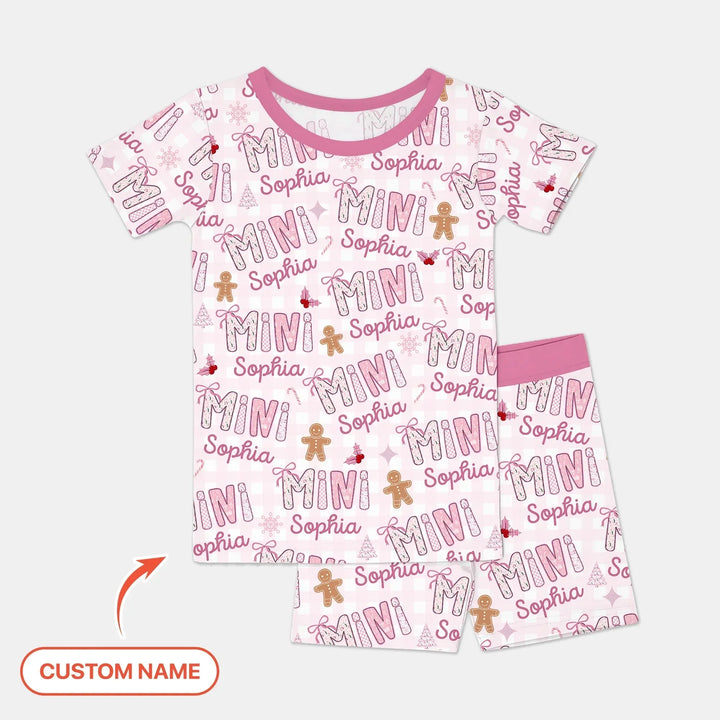 Custom Name Mama Mini Matching Christmas Two Piece Short Sleeve Shorts Pajama Set (Pink) , Custom Name Mama Mini Matching Christmas Two Piece Short Sleeve Shorts Pajama Set (Pink) - 12-18M