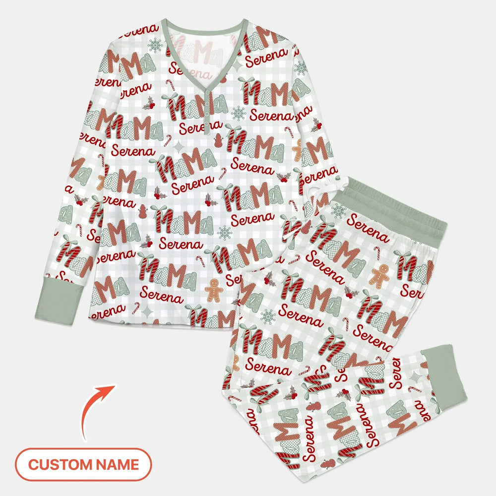 Custom Name Mama Mini Matching Christmas Women Pajama Set (Green) , Custom Name Mama Mini Matching Christmas Women Pajama Set (Green) - Only Shirt / S