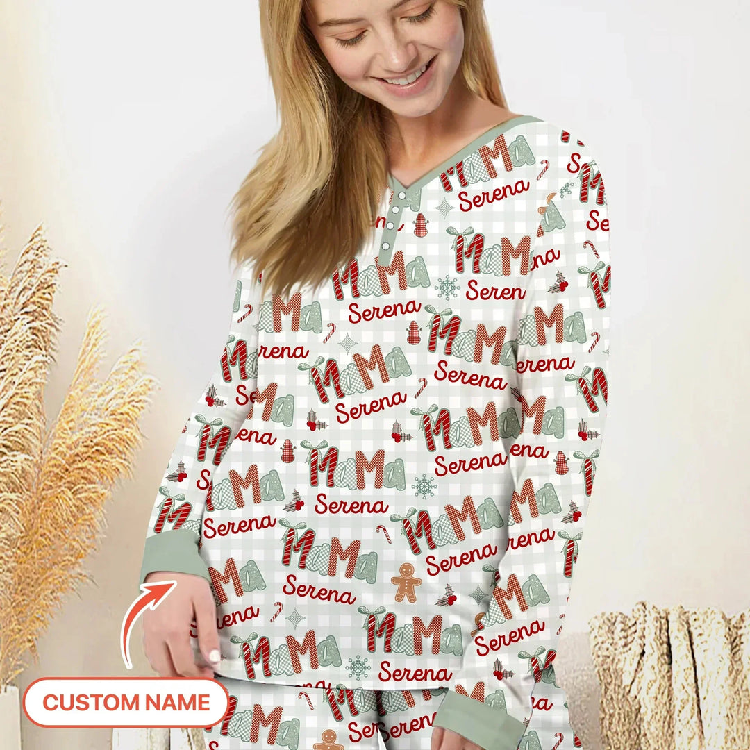 Custom Name Mama Mini Matching Christmas Women Pajama Set (Green) , Custom Name Mama Mini Matching Christmas Women Pajama Set (Green) - Only Shirt / S