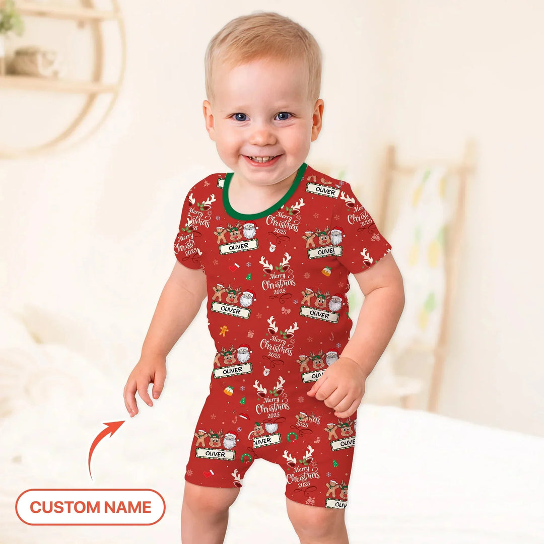 Custom Name "Merry Christmas My Deer" For Boy - Two Piece Short Sleeve Shorts Pajama Set , Custom Name "Merry Christmas My Deer" For Boy - Two Piece Short Sleeve Shorts Pajama Set - 12-18M