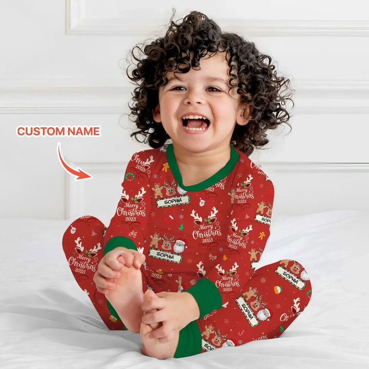 Custom Name "Merry Christmas My Deer" For Girl - Two Piece Long Sleeve Pajama Set , Custom Name "Merry Christmas My Deer" For Girl - Two Piece Long Sleeve Pajama Set - 12-18M