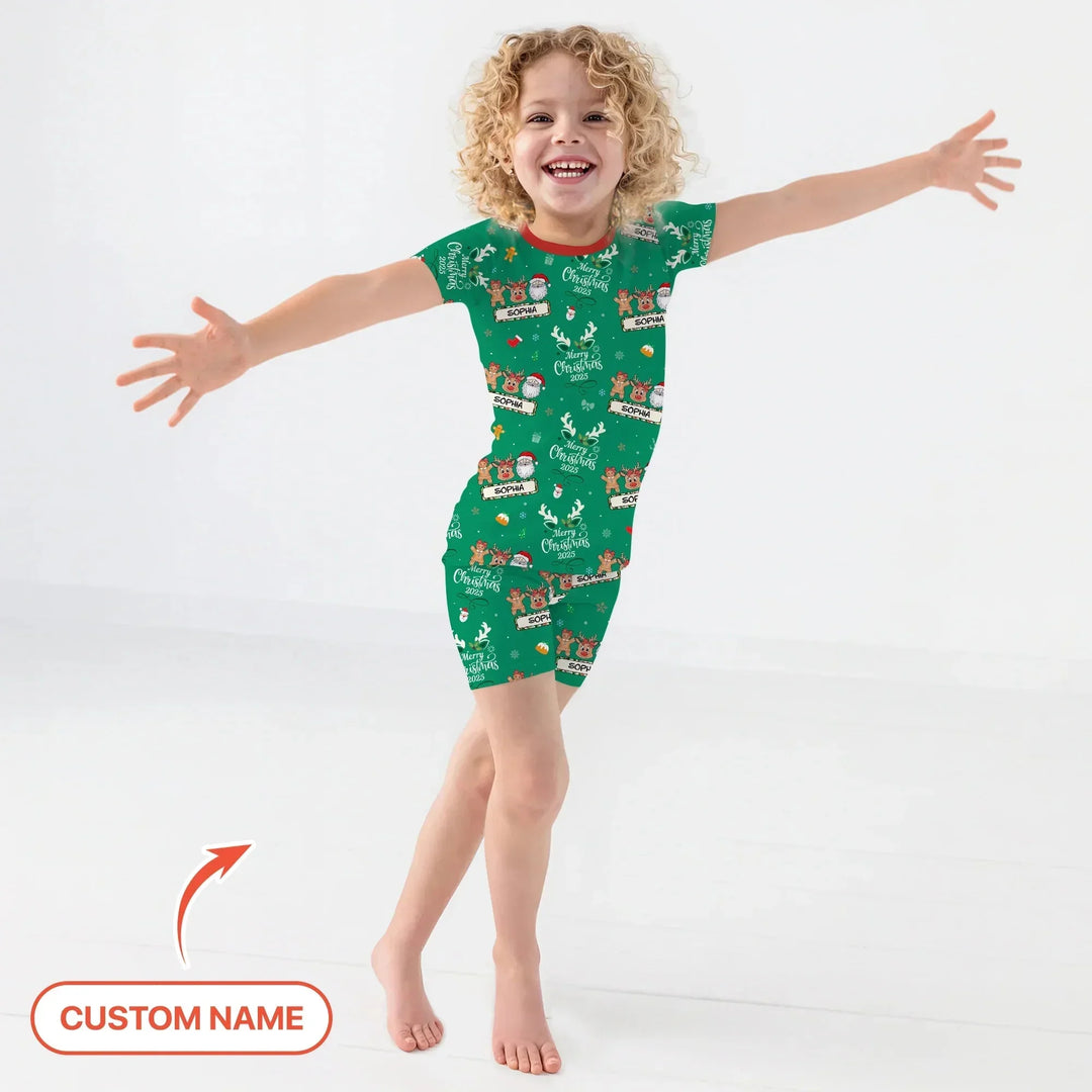 Custom Name "Merry Christmas My Deer" For Girl - Two Piece Short Sleeve Shorts Pajama Set , Custom Name "Merry Christmas My Deer" For Girl - Two Piece Short Sleeve Shorts Pajama Set - 12-18M