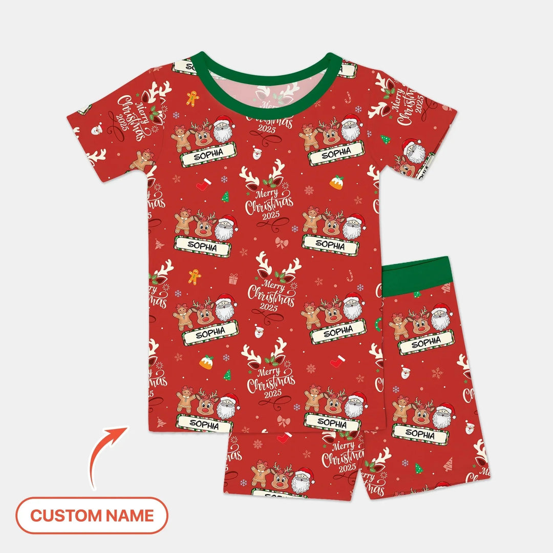 Custom Name "Merry Christmas My Deer" For Girl - Two Piece Short Sleeve Shorts Pajama Set , Custom Name "Merry Christmas My Deer" For Girl - Two Piece Short Sleeve Shorts Pajama Set - 12-18M