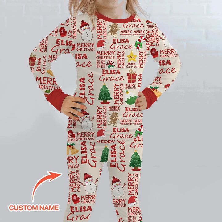Custom Name Merry Christmas Two Piece Long Sleeve Pajama Set , Custom Name Merry Christmas Two Piece Long Sleeve Pajama Set - 12-18M