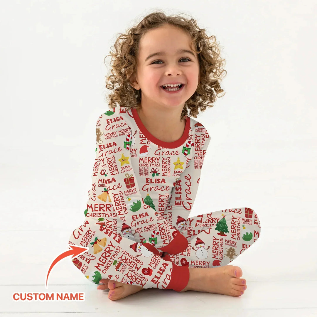 Custom Name Merry Christmas Two Piece Long Sleeve Pajama Set , Custom Name Merry Christmas Two Piece Long Sleeve Pajama Set - 12-18M