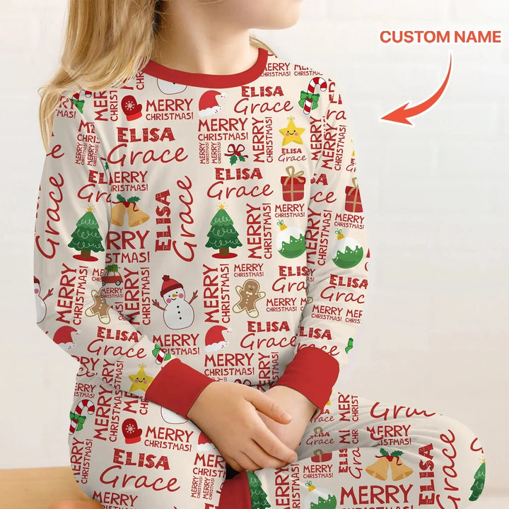 Custom Name Merry Christmas Two Piece Long Sleeve Pajama Set , Custom Name Merry Christmas Two Piece Long Sleeve Pajama Set - 12-18M