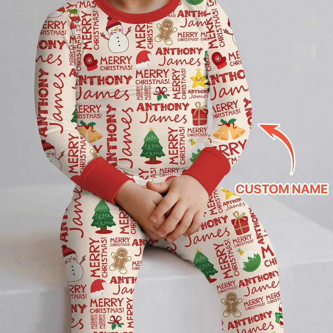 Custom Name Merry Christmas Two Piece Long Sleeve Pajama Set , Custom Name Merry Christmas Two Piece Long Sleeve Pajama Set - 12-18M