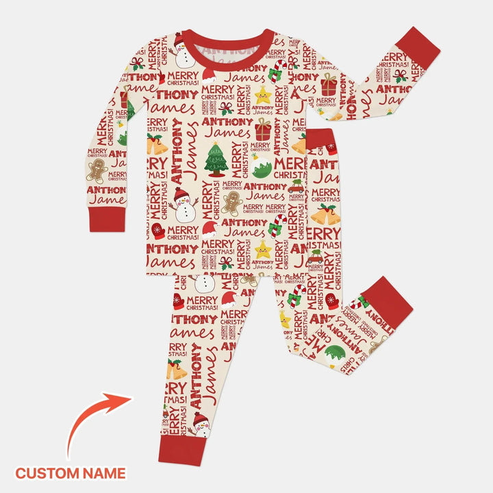 Custom Name Merry Christmas Two Piece Long Sleeve Pajama Set , Custom Name Merry Christmas Two Piece Long Sleeve Pajama Set - 12-18M
