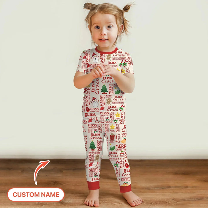Custom Name Merry Christmas Two Piece Short Sleeve Pajama Set , Custom Name Merry Christmas Two Piece Short Sleeve Pajama Set - 12-18M