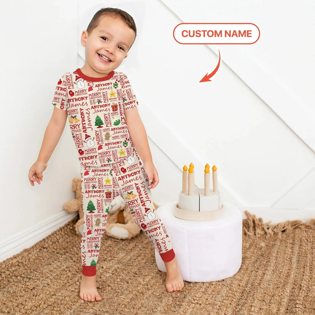 Custom Name Merry Christmas Two Piece Short Sleeve Pajama Set , Custom Name Merry Christmas Two Piece Short Sleeve Pajama Set - 12-18M