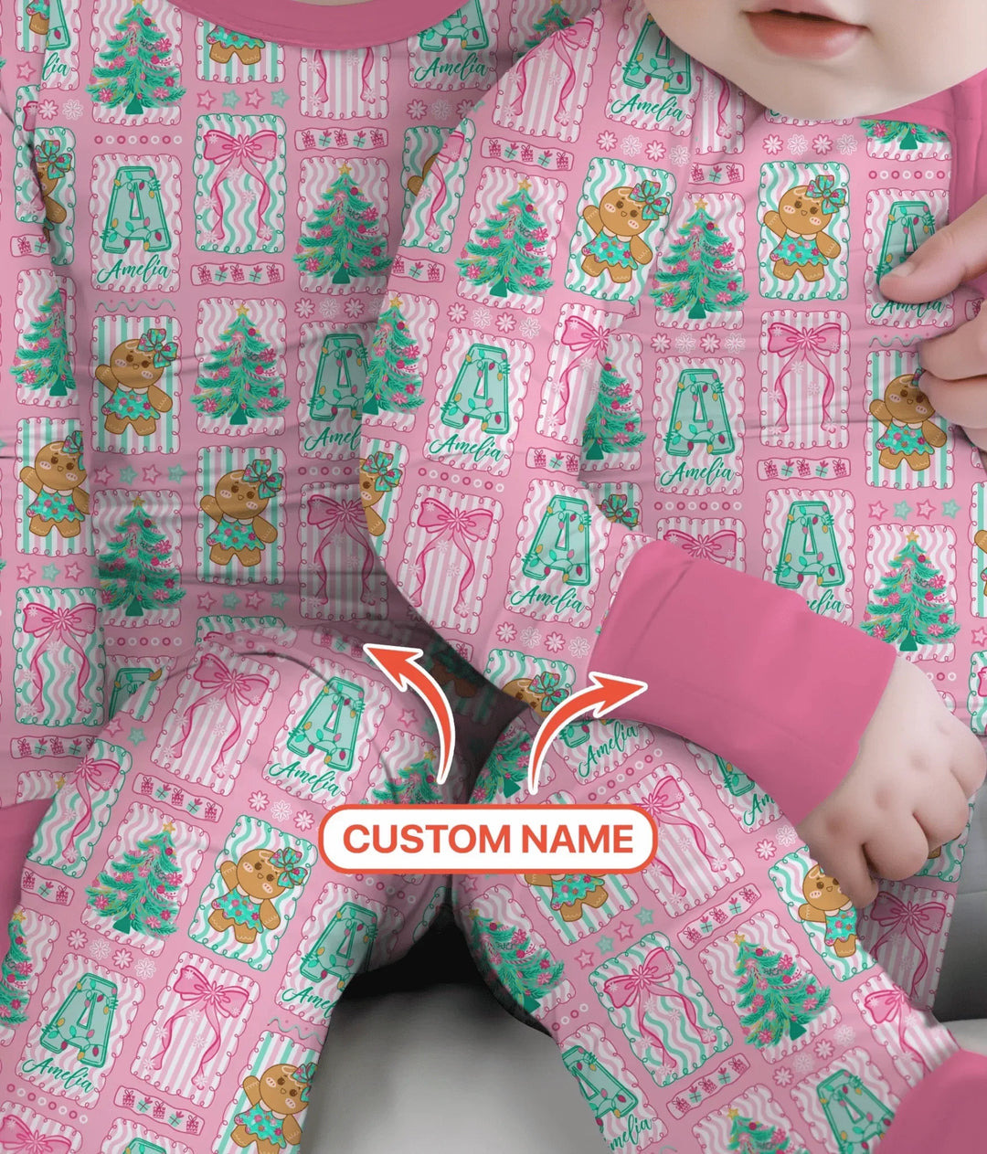 Custom Name "Merry Pink Christmas" Two Piece Long Sleeve Pajama Set , Custom Name "Merry Pink Christmas" Two Piece Long Sleeve Pajama Set - 12-18M